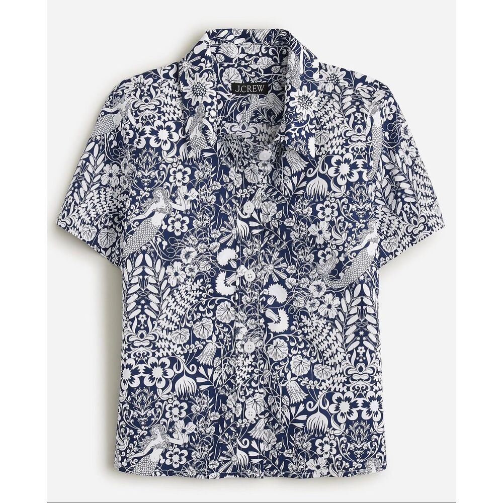 J Crew Top Shirt Gamine cotton poplin NEW mermaid floral Short Sleeve Navy White